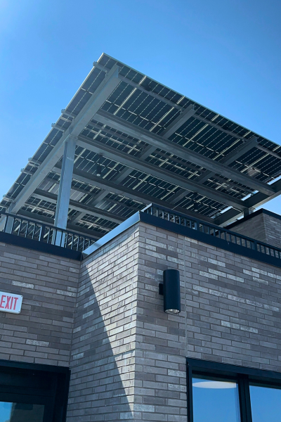 Solar panel roof at a low angle.